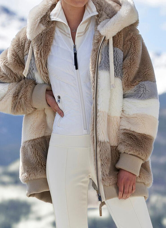 Manteau à capuche en cachemire avec fermeture éclair pour femme, veste décontractée pour femme, couture à carreaux, mode hivernale
