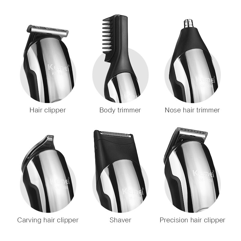 Kemei Multifunctional 6 In 1 Hair Clipper Barber Beard Trimmer for Men with Carbon Steel Cutter Head Waterproof Haircut Machine