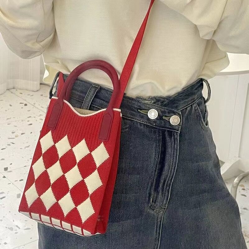 Mini bolsa crossbody para mulheres, bolsa portátil tecida, design de treliça de diamante, bolsa de telefone versátil, moda feminina, fofa