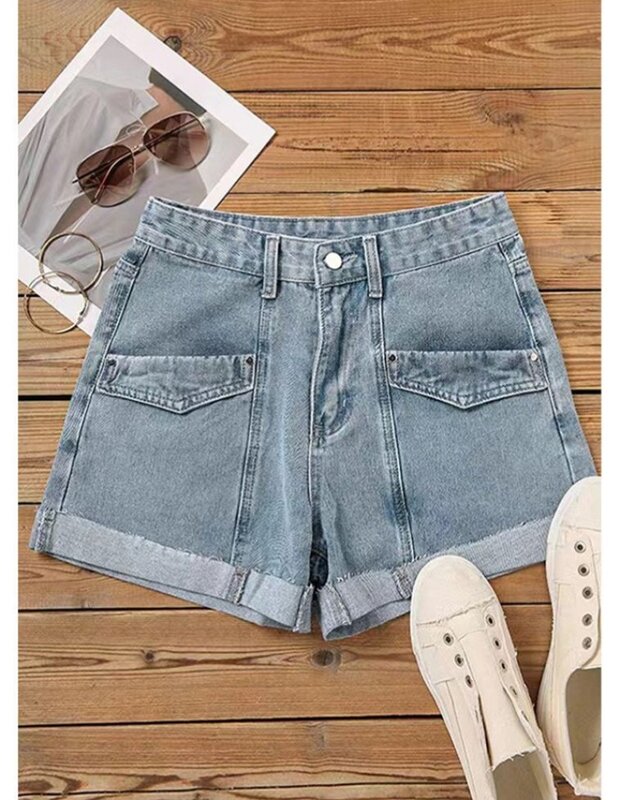 Spring and Summer Street Trendy Denim Stitching Hem Jeans Shorts Cropped Pants High Waist Wide Leg Women