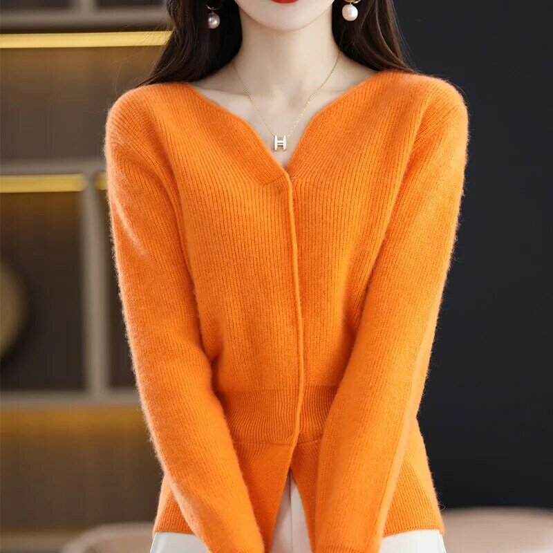 Outono e inverno novo 100% lã pura cardigan feminino com decote em v de malha de manga comprida casaco moda estilo coreano camisola topo