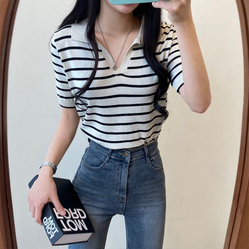 Women's Clothing Vintage Black Stripe Knitting Sweater Polo Collar Short Sleeve Casual Korean Fashion Baggy Ladies Tops Summer