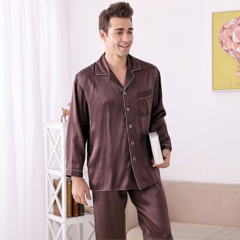 Set Piyama Sutra Asli 100% Untuk Pria Pakaian Tidur Pakaian Santai Pakaian Tidur Lengan Panjang Gaun Malam
