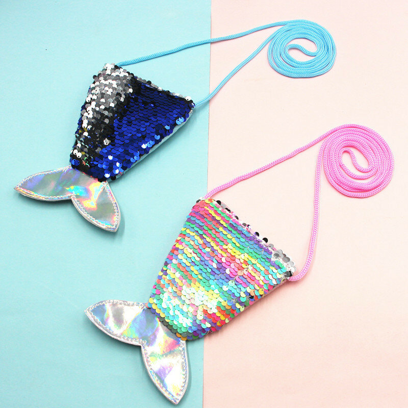 Sequin Mermaid Coin Purse Small Wallet With Lanyard Women Girl's Crossbody Bag Two-color Fish Tail Sequin Shoulder Bag