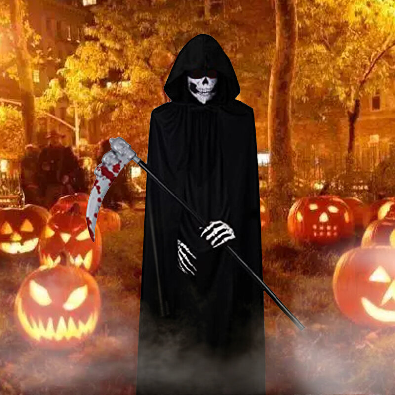 Disfraz Unisex para fiesta de Halloween, bata de brujería aterradora con capucha, capa larga Medieval negra, disfraz de muerte para Halloween