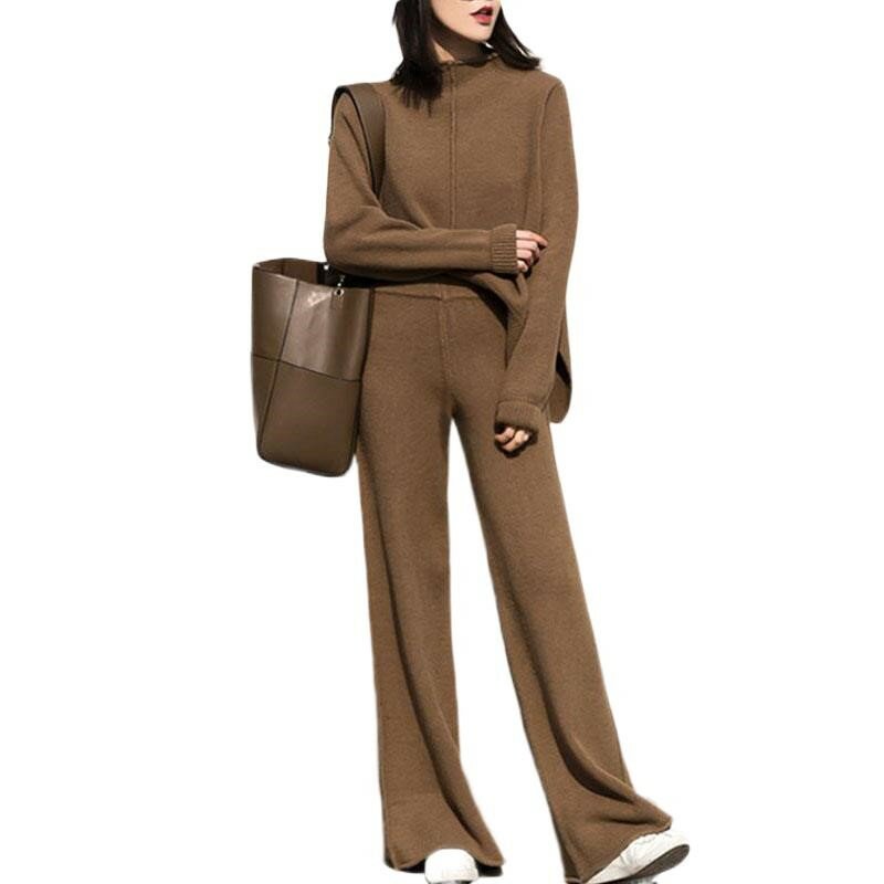 Women Knitted Cashmere Long Sleeve Two Piece Set Winter Tracksuit Suits O-neck Top Wide Leg Pants For Women Suit Korean Outwear