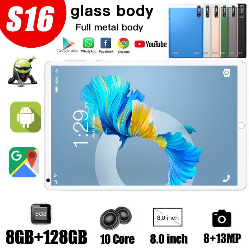 Планшетный компьютер Pad S16 Google Play, Диагональ экрана 8,0 дюйма, фотография 8 ГБ, 128 ГБ ROM, камера 13 МП, плоский планшет, новый планшет 10 дюймов, стан...