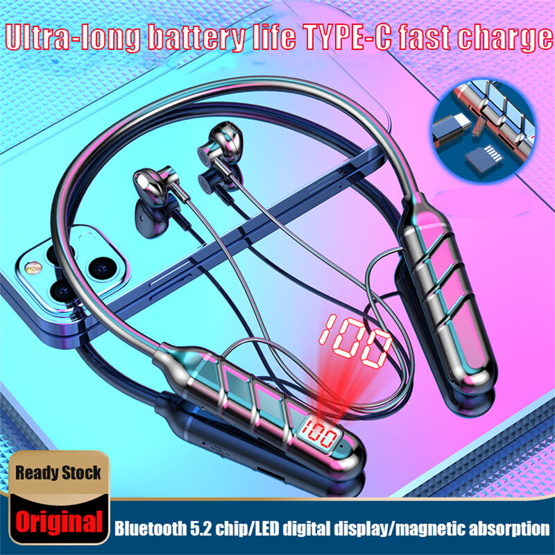 Headphone Bluetooth Tahan Lama 100 Jam Asli Headphone Nirkabel Bass Kartu TF dengan Mikrofon Stereo Earphone Tali Leher Headset Olahraga