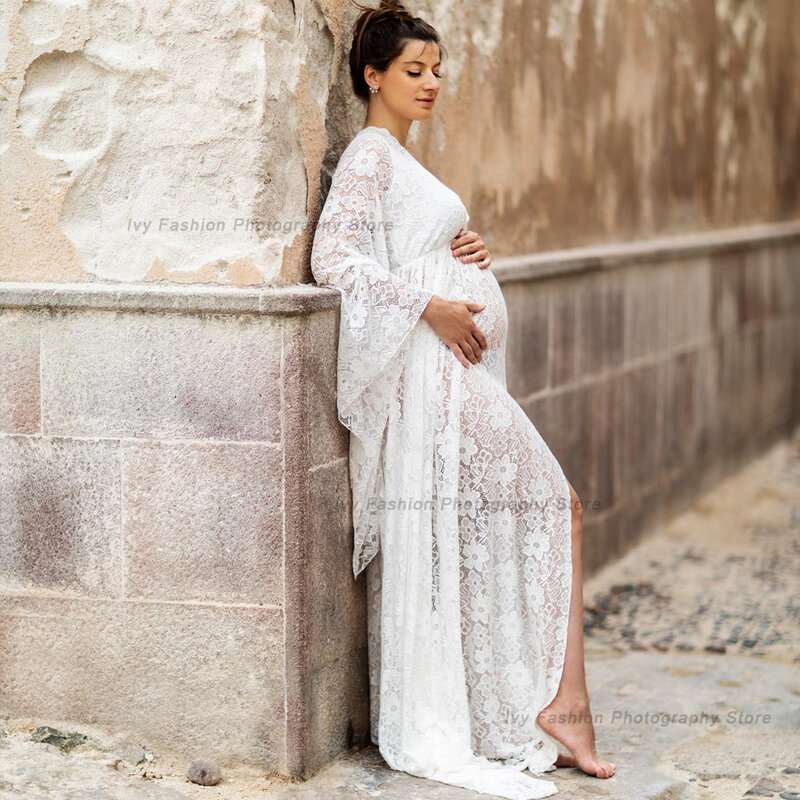 Artystyczna sesja zdjęciowa sukienka ciążowa moda damska fotografia ciążowa sukienka biała koronka z długimi rękawami Boho sukienka ciążowa