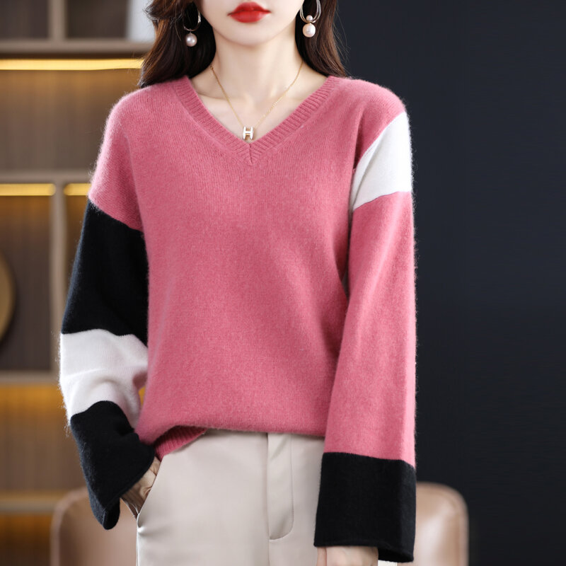 Nuovo maglione di cachemire con scollo a v autunno e inverno abbinato al colore Pullover allentato maglione di lana sottile camicia con fondo a maniche a contrasto