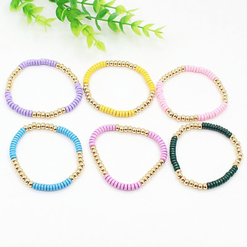 DIY Handmade Beaded Enamel Charm Bracelet for Women Boho Tube Disc Rainbow Stretch Bracelet for Women Jewelry Accessories