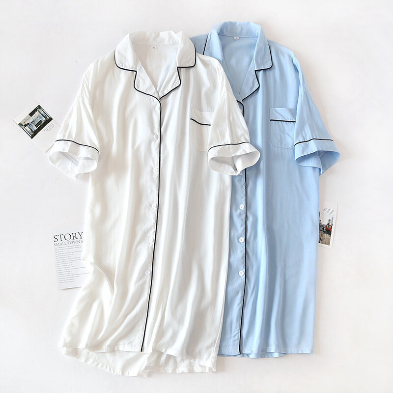 Womens sleepwear manga curta camisola botão para baixo turn-down colarinho camisola casual cor sólida pijamas solto