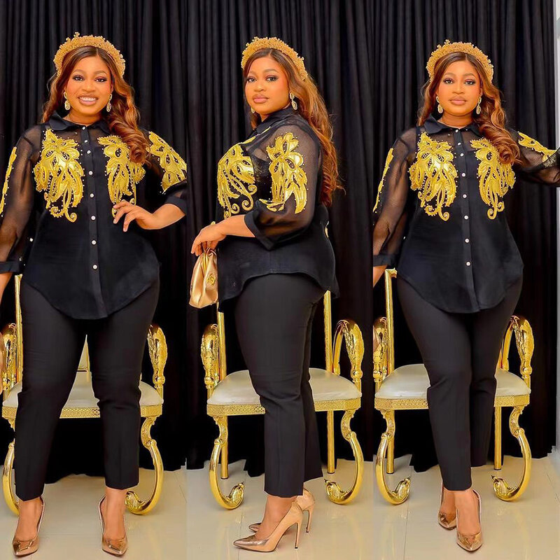 MD Plus Size Women Clothing Three Piece Set African Ankara Dashiki Tops Inner Pant Suit Dubai Turkey Wears Vetements Kaftan Robe