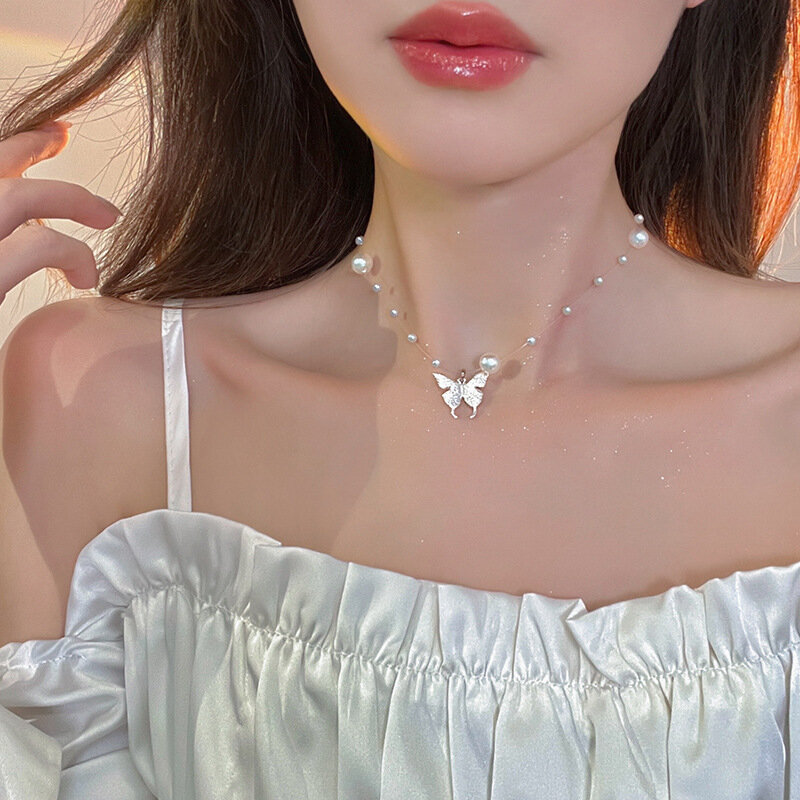 ZLALHAJA 2022 Tren Korea Kupu-kupu Kalung untuk Wanita Mewah Sederhana Zirkon Tulang Selangka Rantai Wanita Mode Perhiasan Hadiah