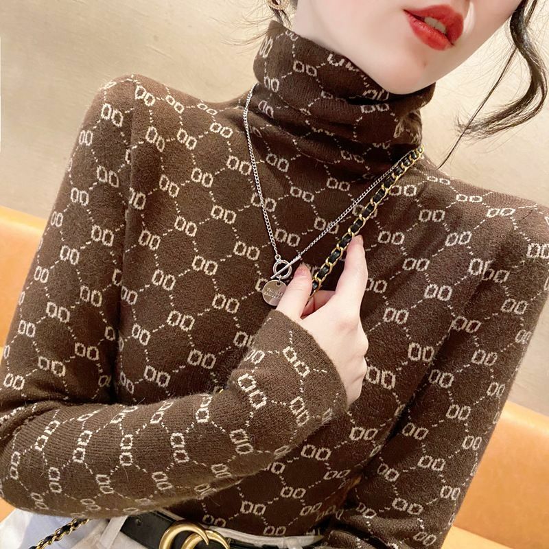 Outono inverno gola alta vintage elegante fino velo camiseta elegante all-match xadrez impresso manga longa topos roupas femininas