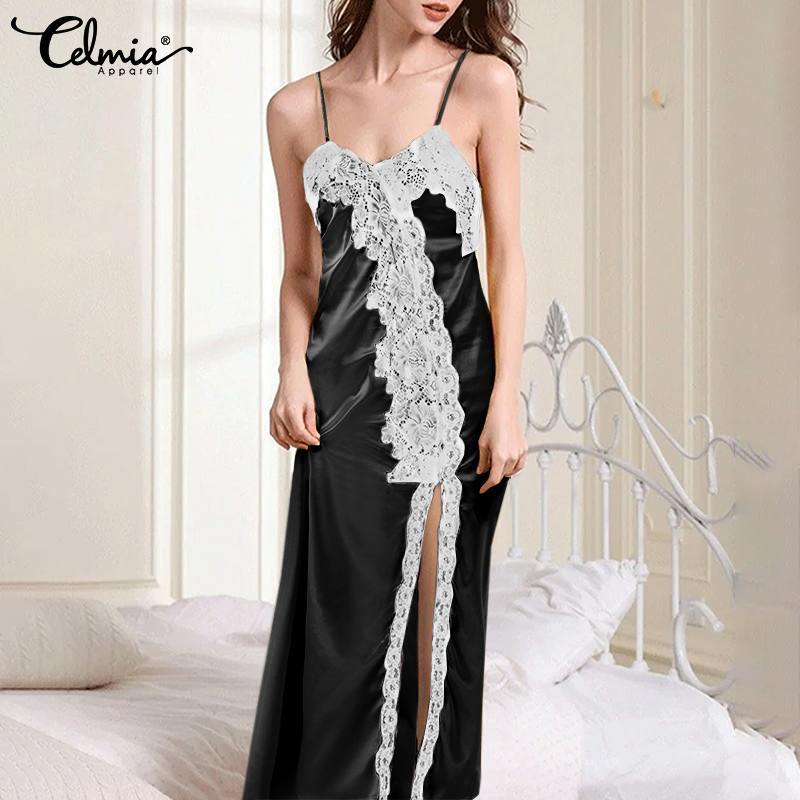 Women's Elegant Lace Patchwork Satin Midi Nightgowns Celmia Sexy Spaghetti Straps V Neck Sleep Dress Casual Hem Slit Sleep Robe