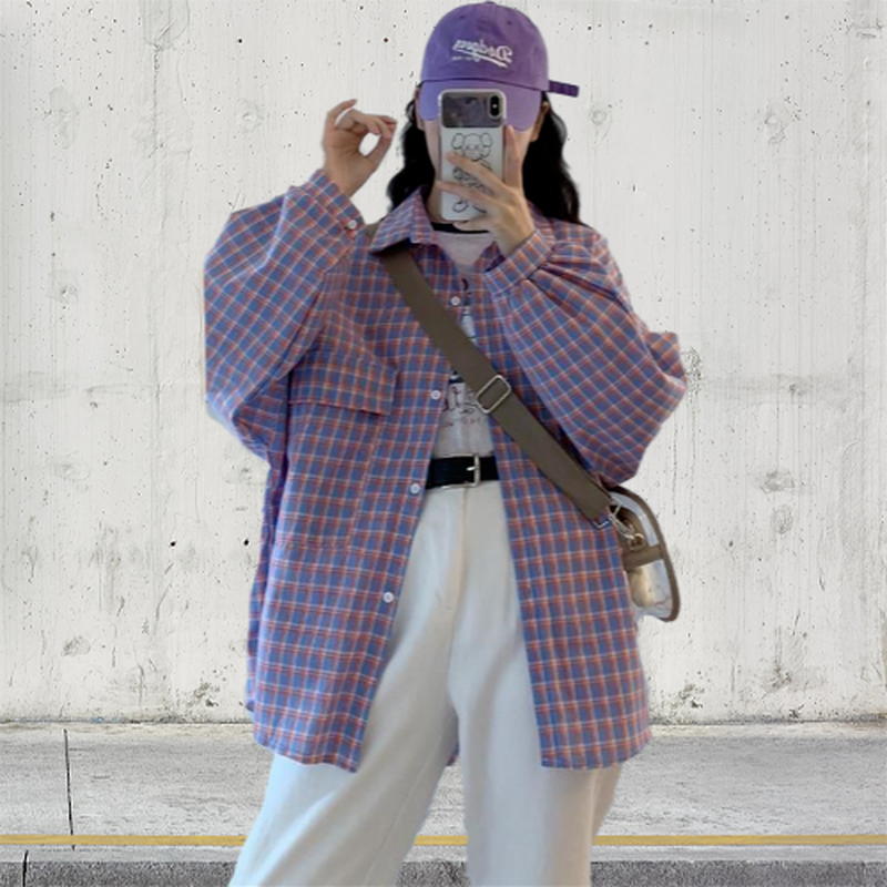 Deeptown Kariertes Hemd Frauen Langarm Tops Gitter Druck Bluse Koreanische Mode 2022 Übergroßen Frühling Kpop Casual Lila Kleidung