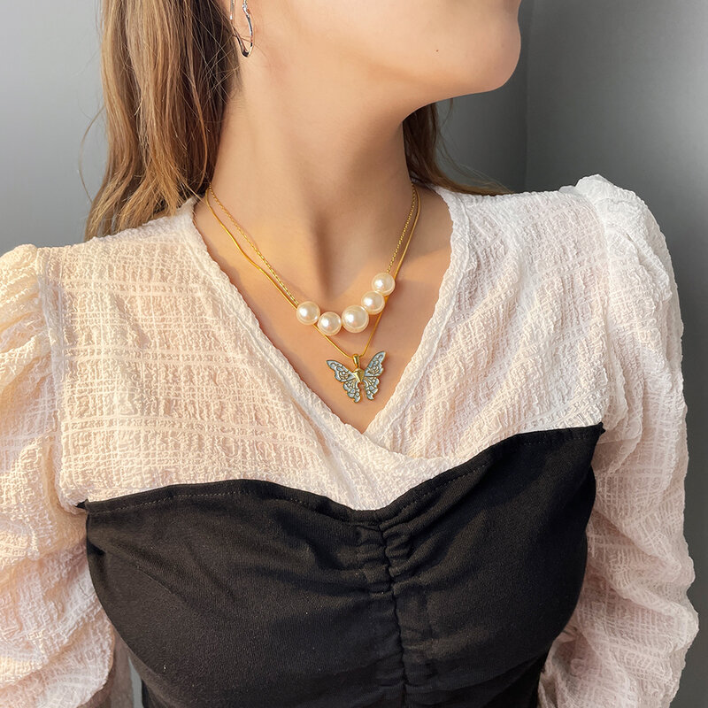 Женское многослойное ожерелье с эмалью и искусственным жемчугом