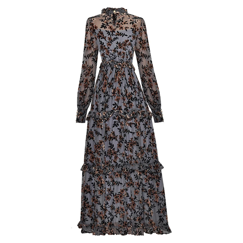 Gorący nowy z wybiegu jesienny sukienki siateczkowe damski stójka z rękawem latarni z nadrukiem w stylu Vintage długa sukienka na przyjęcie