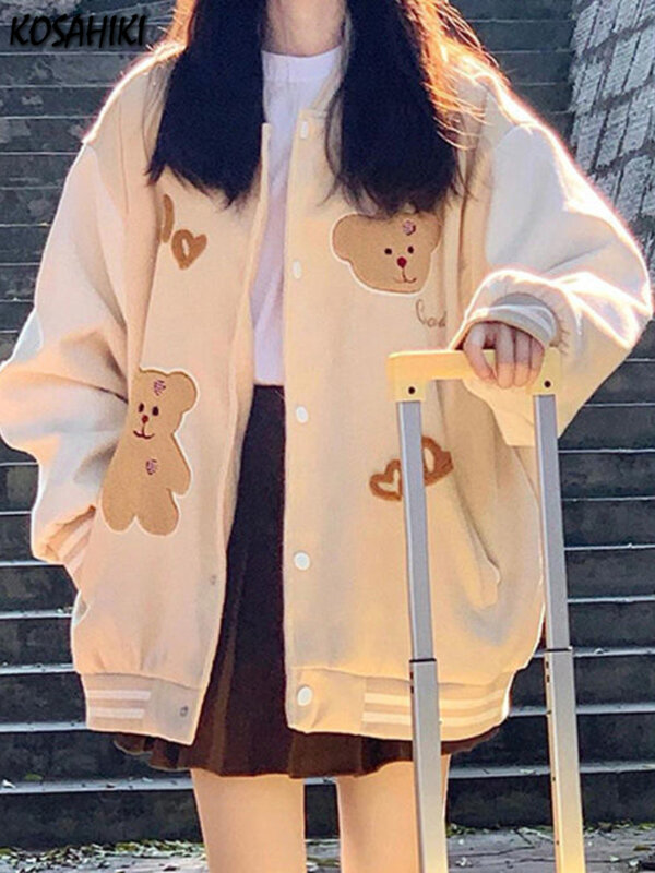 Kawaii الفتيات لطيف زي بيسبول الكورية Harajuku الكرتون الدب المطرزة سترة 2022 الخريف فضفاضة سترة غير رسمية المرأة