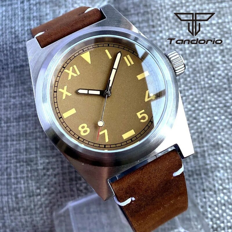 Tandoorio – montre automatique PT5000 NH35A pour hommes, 38mm, 20Bar verre saphir, Lume café/noir, cadran brossé, bracelet en caoutchouc/cuir