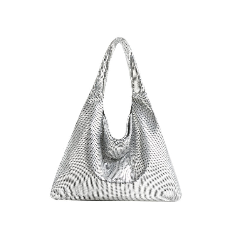 Moda de metal malha feminina bolsas de ombro designer prata bolsa shinny alça larga noite saco glitter grande bolsa festa 2023