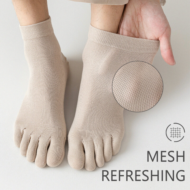 Pure Cotton New Mesh Hollow Five Finger Socks Man Mid-Tube Breathable Comfortable Sweat-absorbing Socks Summer Men's Toe Socks
