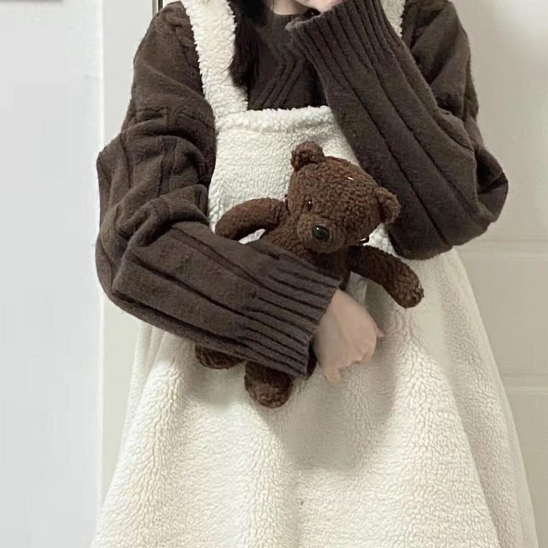 Robe à bretelles en peluche d'agneau pour fille, vêtement Lolita de grande taille, automne et hiver
