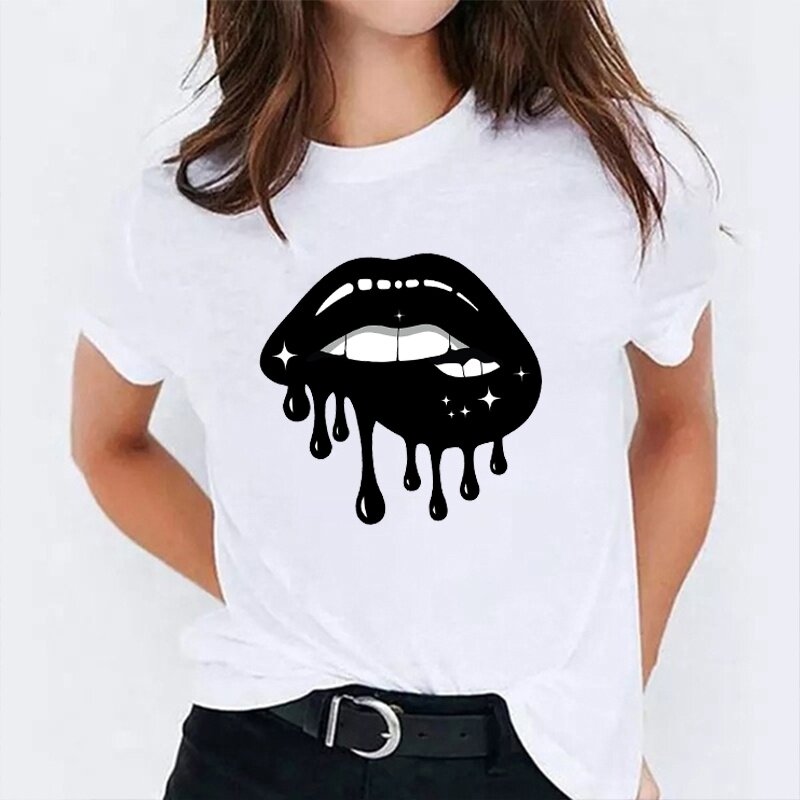 Boca lábios imprimir topo camiseta harajuku casual feminino topo gráfico t camisa de verão gola simples haute couture conforto