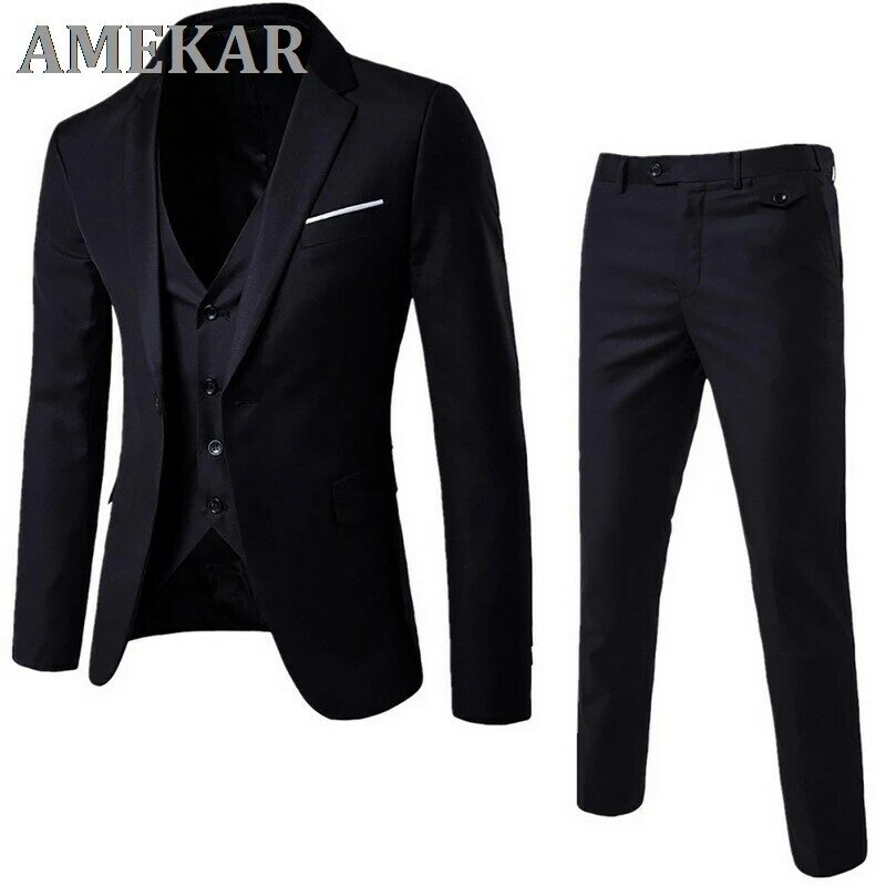 Three Piece Male Formal Wedding Dress Suit 2022 Men 's Fashion Plaid Business Suit ( Jacket + Vest + Pants ) Oversized