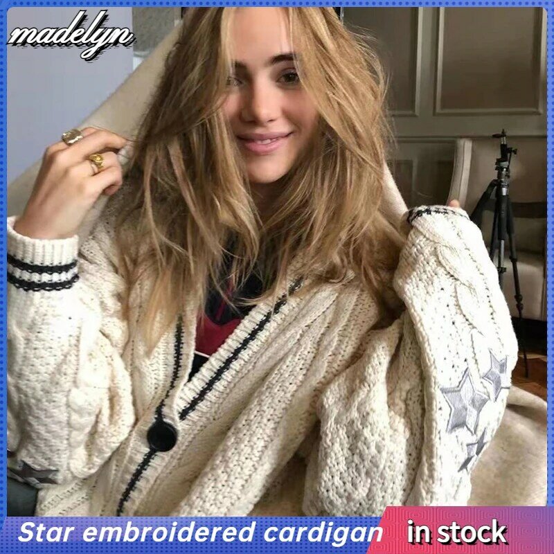 Autumn Tay Women Star Embroidered Cardigan Lor V-neck Knitted Sweater Fashion Warm Swif T Beige Holiday Cardigan Women Cardigan
