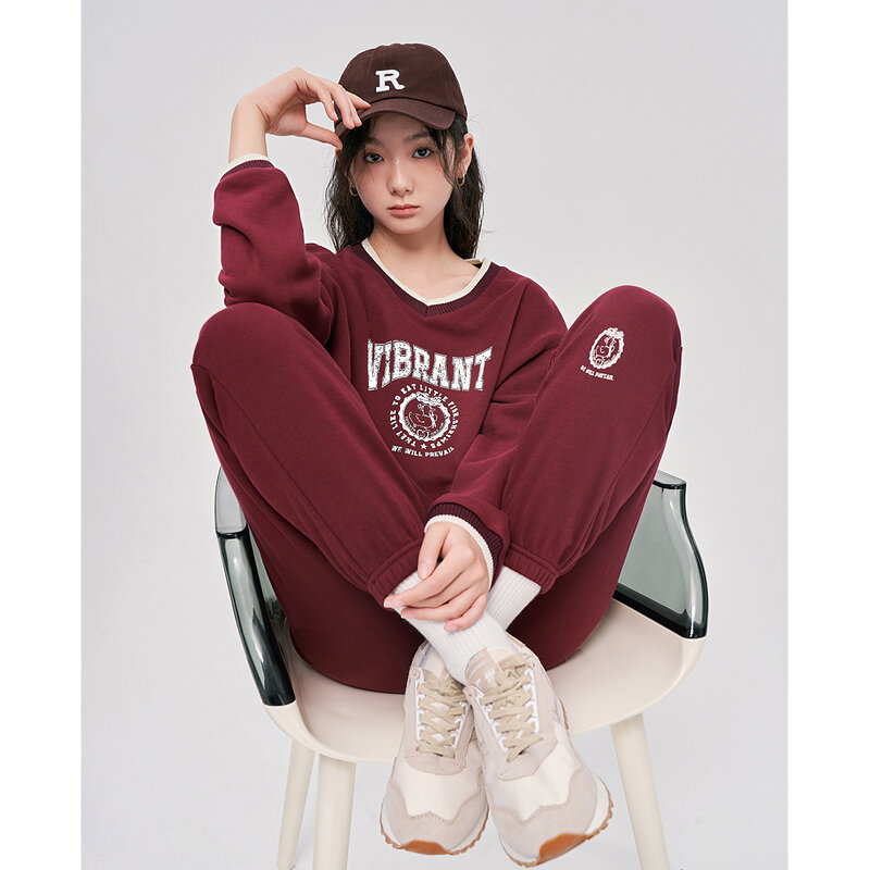 Toyouth Women Fleece Sweatpants 2022 Winter Elastic Waist Straight Long Trousers Vintage Wine Red Warm Casual Sport Pants