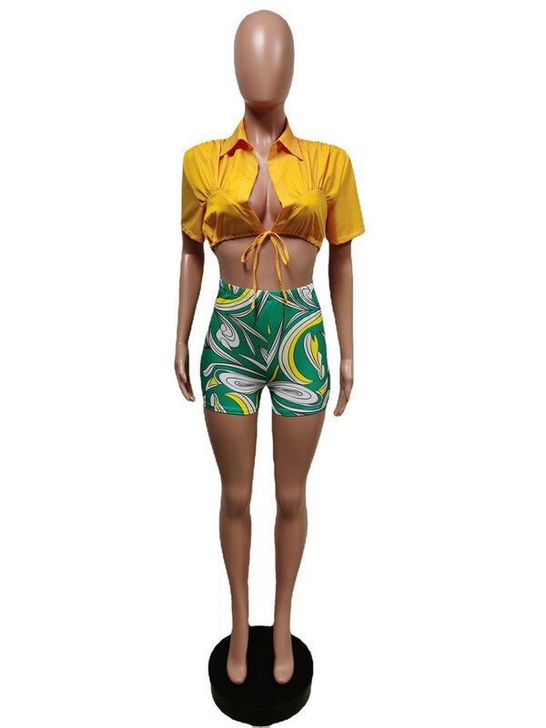 Two Piece Set Print Shirt + Short Pants Sportsuit Streetwear Clothes For Women Outfit Casaul Women Tracksuit
