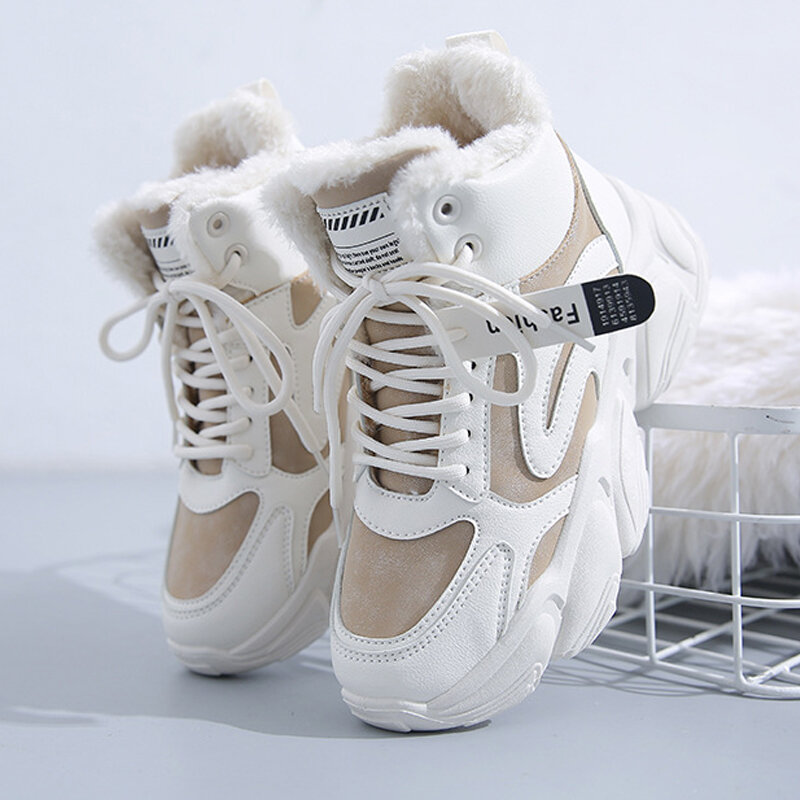 Botas de nieve planas con cordones para mujer, botines cálidos de PU, zapatos de invierno