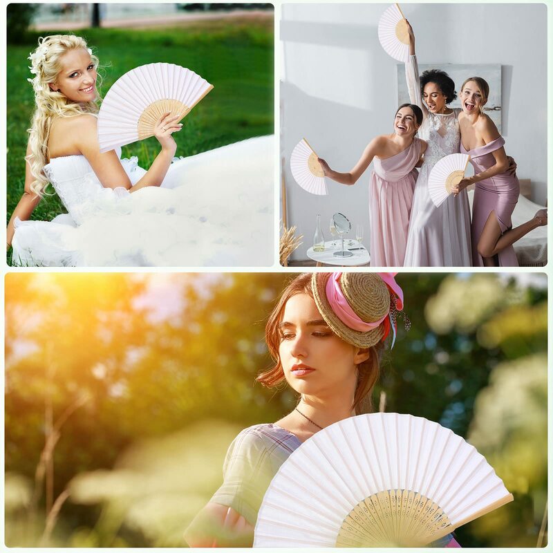 60/30/20Pcs Silk Wedding Hand Fans with Gift Bag for Guest Bamboo White Folding Fans Party Costume Handheld Fan Vintage Fold Fan