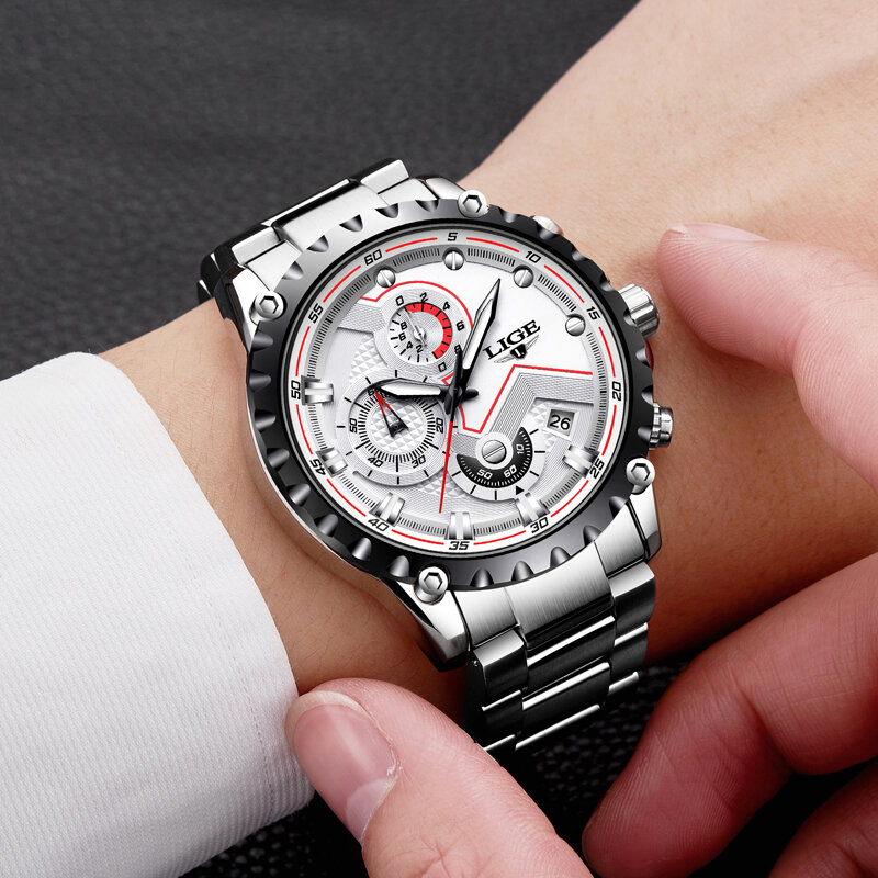 Lige moda dos homens relógios topo de luxo marca completa aço inoxidável à prova dwaterproof água relógio quartzo masculino cronógrafo relógio relogio masculino