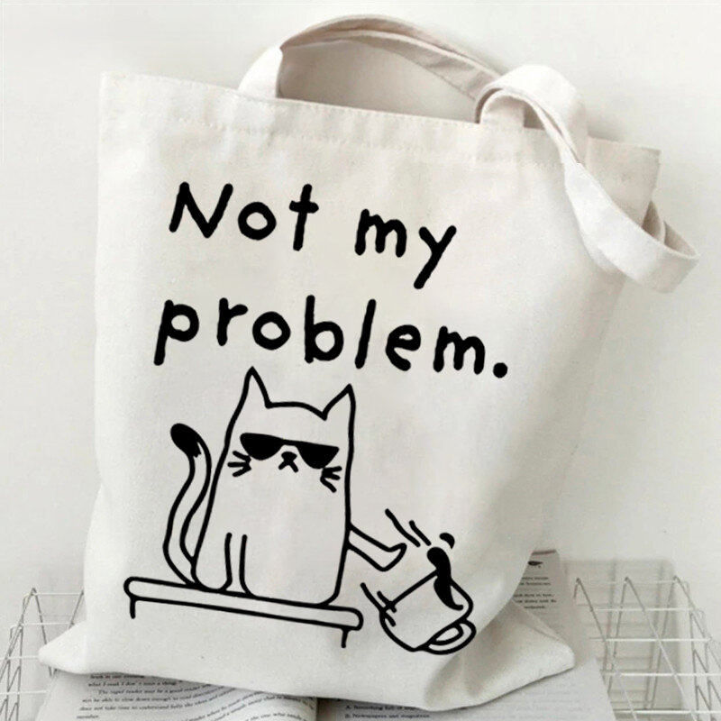 Bolsa de lona con estampado de gato para mujer, bolso de compras informal de alta calidad, reutilizable, con dibujos animados