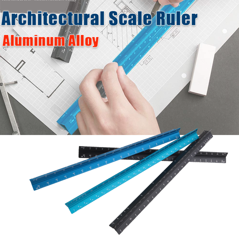 Pengukur Skala Aluminium Logam Campuran 30Cm Insinyur Skala Segitiga Arsitek Penggaris Alat Penyusunan Skala Arsitektur Penggaris-Hitam