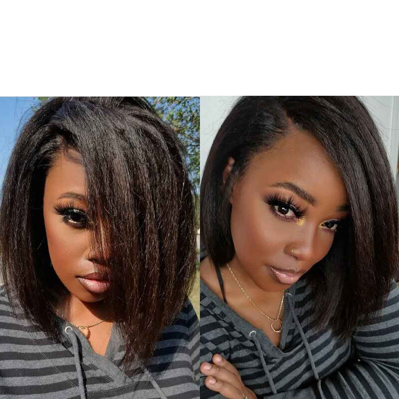 Yaki Korte Bob Kinky Straight 180 Dichtheid Synthetische Lace Front Pruik Voor Zwarte Vrouwen Natuurlijke Haarlijn Met Babyhair Lijmloze Dagelijks