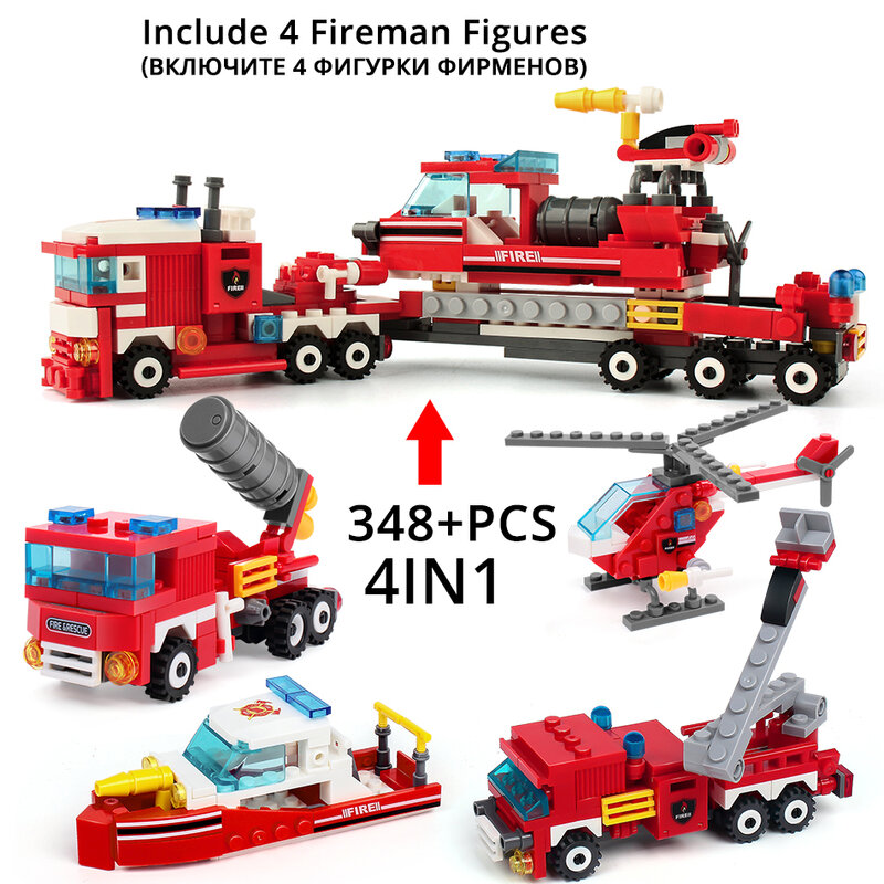 Strażak figurki człowiek cegły zabawki dla dzieci 348 sztuk. Strażacy 4w1 ciężarówki samochód helikopter łódź klocki miasto