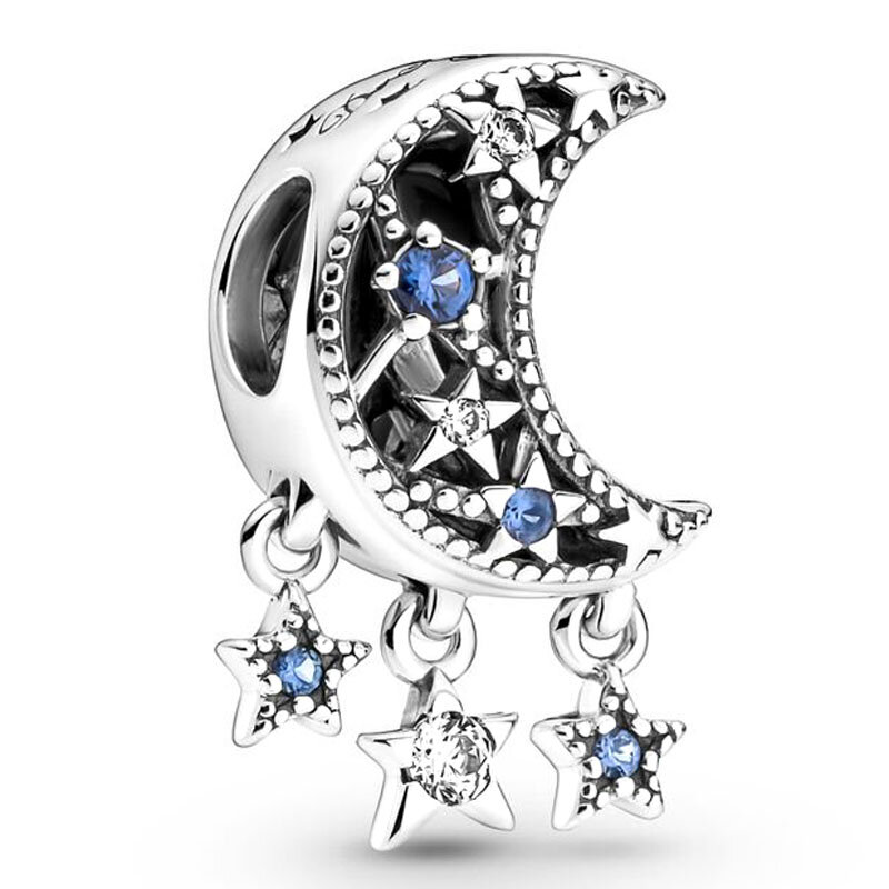 Blue Magnified Stars amp Galaxy Tree Crescent Moon Safety Chain Charm 925 Sterling Silver Beads Fit Pandora Bracelet DIY Jewelry