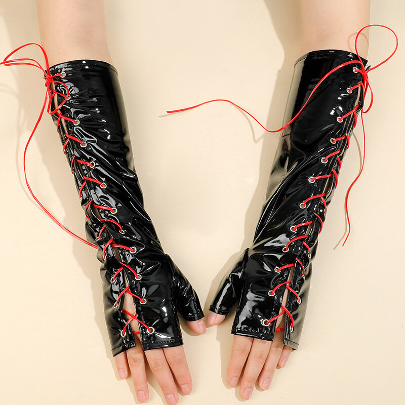 Wet Look Long Black Red PVC Women Hang Finger Bandage Gloves Ladies Faux Leather Lacing Adjust Gloves Night Club Sexy Costumes