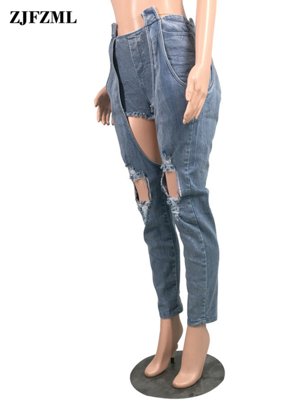 جينز دينم مثير للنساء ذو فتحات مدمرة ، بنطال جينز ممزق عالي الخصر ، بنطال جينز كامل الطول