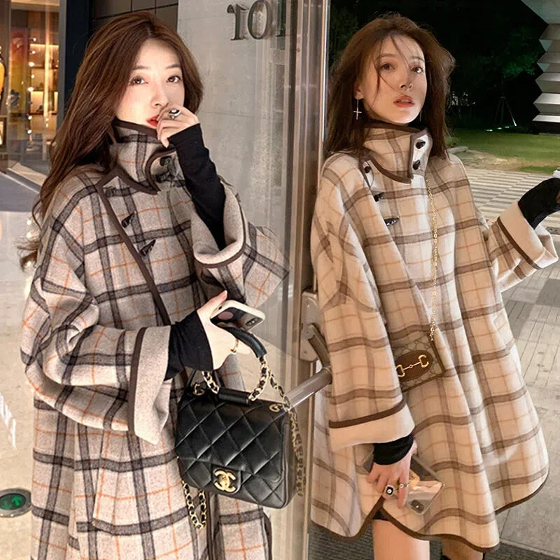 Koreański wysokiej jakości wełniany płaszcz w kratę 2023 jesienno-zimowa damska nowa strona odpinaną miseczką antyczny luźny średni i długi płaszcz