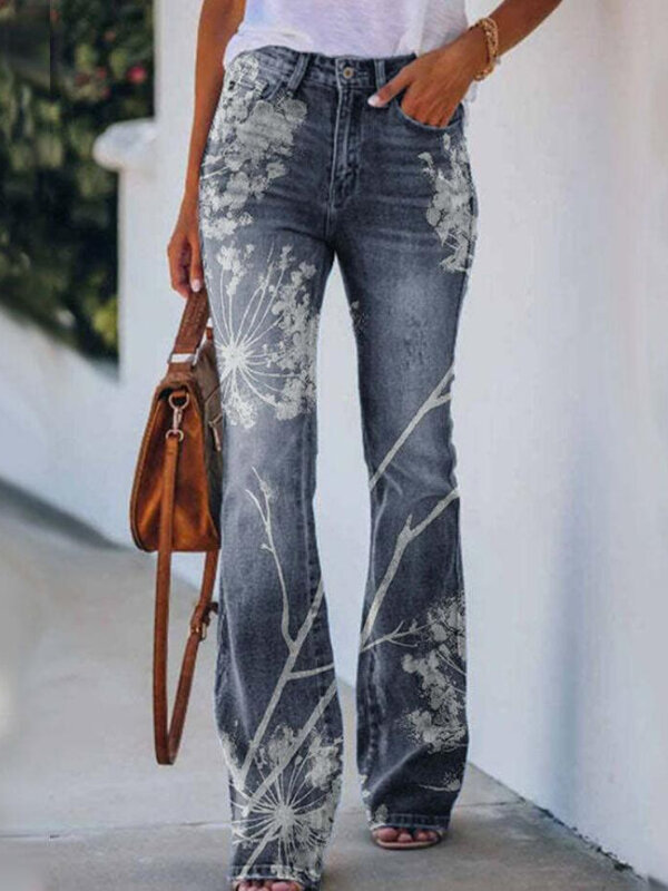 2022 Jeans Eropa dan Amerika Celana Kasual Wanita Besar Bunga Celana Lurus Tipis Pakaian Wanita