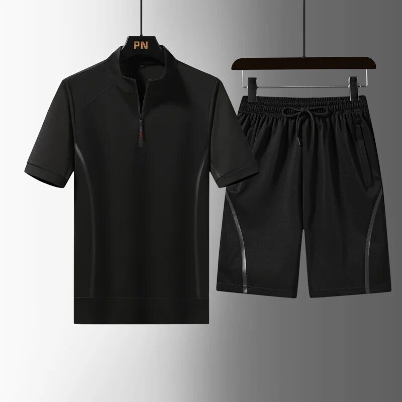 Sommer herren Sportswear 3 Teile/satz Atmungsaktiv Männlichen Kleidung Kurzarm Stehkragen T-Shirt + Männer Sport Shorts Casual Hosen