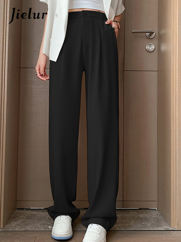 Jielur outono novos ternos calças de perna larga cintura alta em linha reta calças casuais feminino all-match damasco café mulher XS-XXL