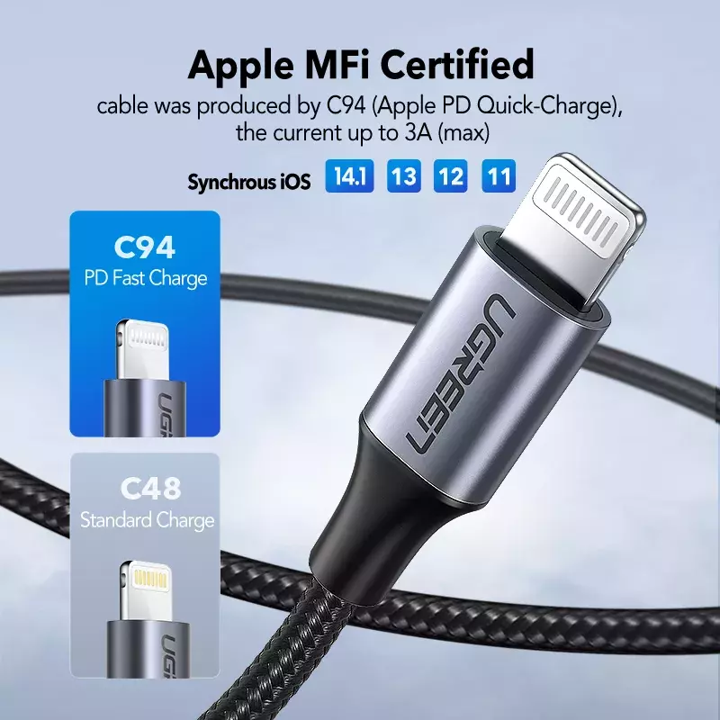 U-G-REEN PD 20W USB C สำหรับ iPhone 13 12 11 Pro Max MFi Lightning Cable สำหรับ iPhone Charger ชาร์จได้อย่างรวดเร็วสำหรับ iPad ประเภท C Cab