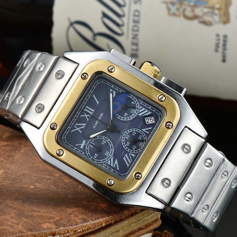 Montres classiques multifonctions en acier pour hommes, carré, Original, montre-bracelet à Quartz avec Date automatique, chronographe, AAA