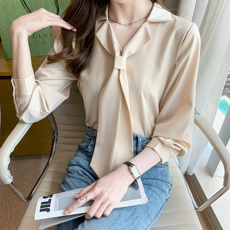 Camisa con muescas para mujer, ropa de manga larga color champán sólido, retales con botones, top elegante